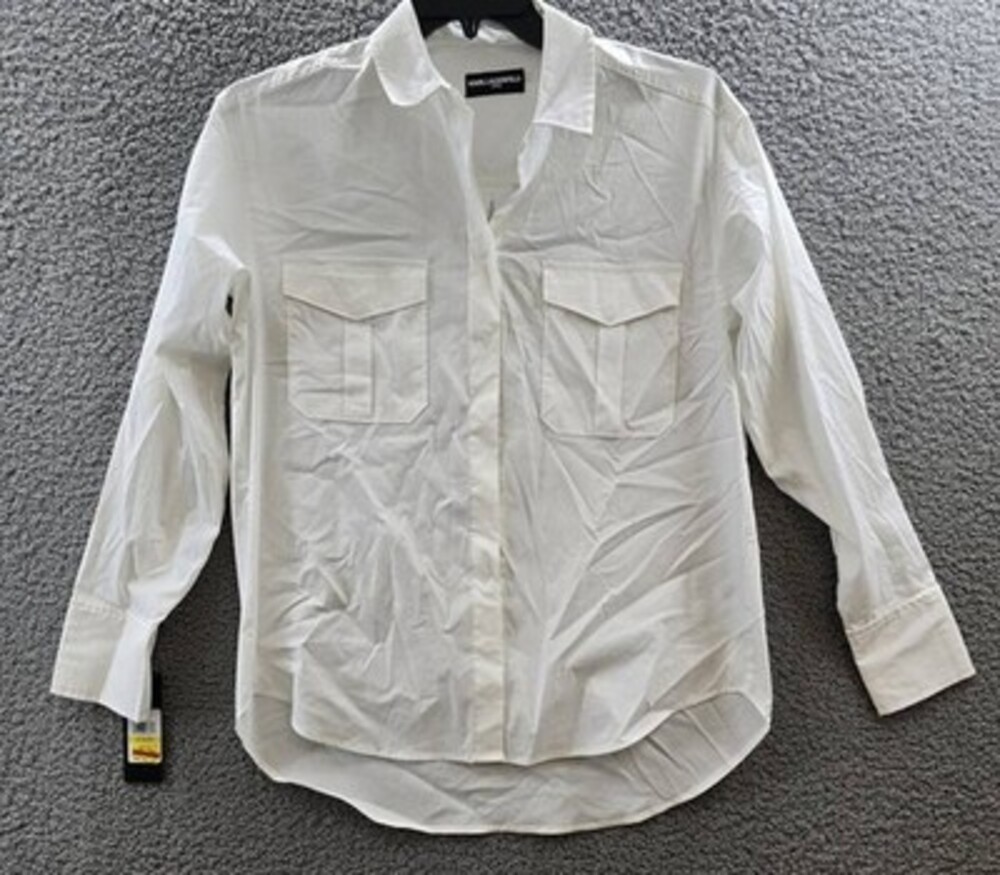 Karl Lagerfeld Paris Long Sleeve Button Up Shirt Women's White Double Pocket